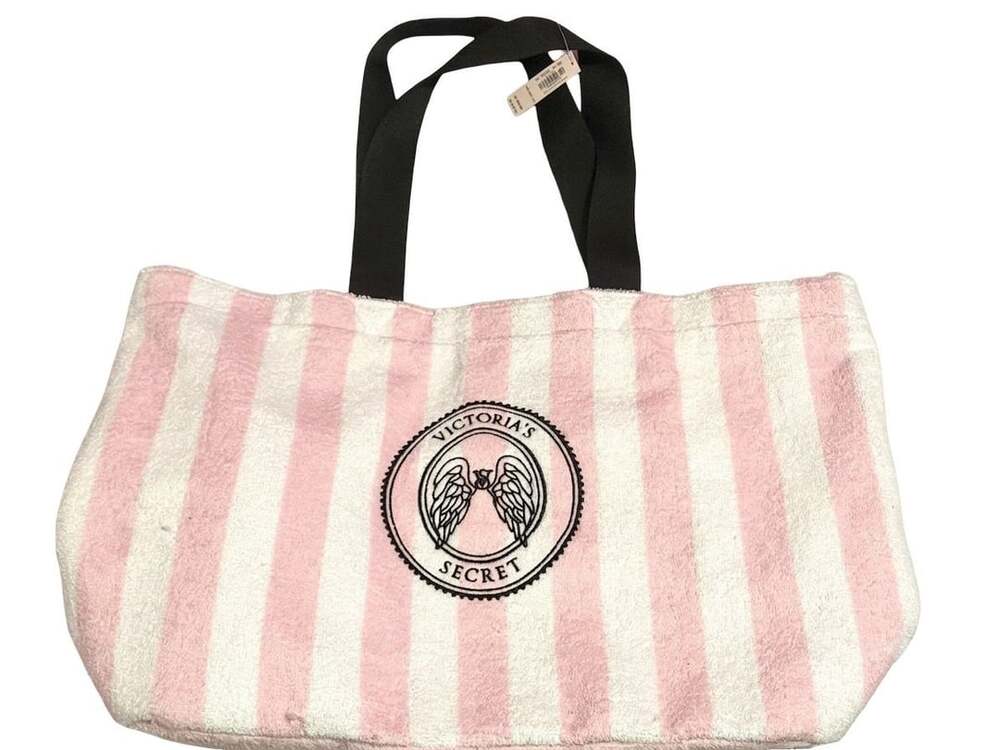 Victoria's Secret Pink & White Striped Terry Cloth Tote Bag with Angel Wings Log